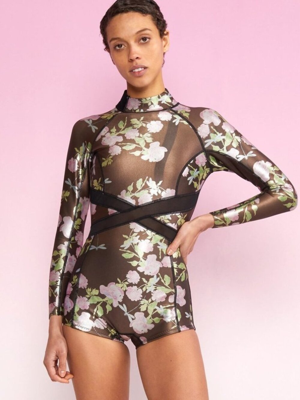 Cynthia Rowley Metallic Rose Mesh Wetsuit - Black/Pink - Size Medium